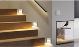Alt Tag: Smart PIR Motion Sensor LED night light illuminating staircase steps for safe indoor motion-activated lighting