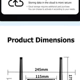 WiFi Security Camera 7 Lens product dimensions diagram showing 245mm width and 115mm spacing, cloud storage note