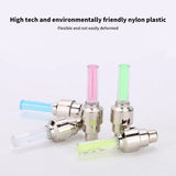 Motion Sensor LED Bike tire valve lights with colorful LED tubes, nylon plastic housing, compatible with Schrader and Woods valves