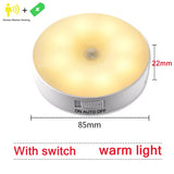 Motion Sensor LED Night Light round USB rechargeable warm light with switch, 85mm diameter 22mm height