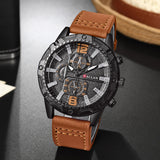 Alt Tag: men's luxury leather strap quartz watch with black round case, chronograph dial, and brown leather band