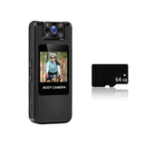 4K HD WiFi Body Camera with night vision mini action camera, front display and 64GB memory card shown