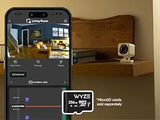 Alt Tag: Wyze Cam v4 2K HD WiFi Security Camer shown in living room monitoring app with camera on shelf and microSD card support