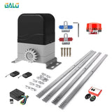 Alt Tag: Smart Sliding Gate Opener Automatic GALO kit with motor, remotes, gear racks, sensors, and warning light