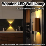 Alt Tag: Rechargeable Motion Sensor wooden LED wall night light lamp for kitchen hallway, warm up and down lighting, durable rechargeable motion-activated