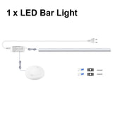 Alt Tag: Wireless Motion Sensor LED under cabinet bar light kit with plug-in power adapter, sensor puck, 3M mounting strips and screws