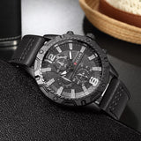 men's luxury black leather strap quartz watch with black dial and alloy round case, stylish men's fashion timepiece