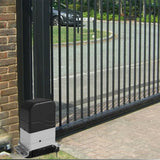 Alt Tag: Smart Sliding Gate Opener Automatic motor installed on black metal sliding driveway gate for smart automatic gate control