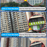Alt Tag: WiFi Security Camera 7 Lens showing true 10x zoom demos capturing distant hotel and shop signs clearly in city buildings