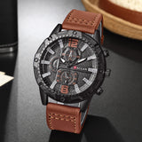 Alt Tag: men's luxury leather strap quartz watch with black round case, brown leather band, multifunction dial for office and casual wear