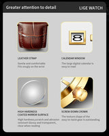 LIGE Mens Fashion Brown Leather 