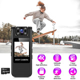 4K HD WiFi Body Camera with night vision mini action camera showing skateboarder, 4K HD, motion detection, 1000mAh battery