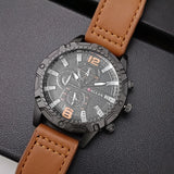 men's luxury leather strap quartz watch with brown leather band and black round dial, men's fashion wristwatch close-up