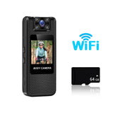 Alt Tag: 4K HD WiFi Body Camera mini action body cam with night vision, WiFi icon, and 64GB memory card