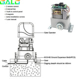 Smart Sliding Gate Opener Automatic GALO gate operator motor installation diagram with gear, conduit, cable, and ground expansion bolts