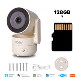 MOES Tuya WiFi 6 Smart security camera with 128GB microSD support, mounting screws and USB cable, works with Alexa and Google Assistant