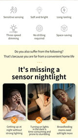 Smart Glow Night Light sensor nightlight benefits infographic showing motion sensing, dimming, long-lasting LED wall lamp