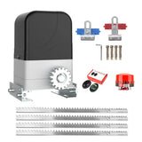 Alt Tag: Smart Sliding Gate Opener Automatic kit with motor, remote control, sensors, alarm light, hardware and rack gear for sliding gates