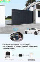 Smart Sliding Gate Opener Automatic GALO smart gate opener with WiFi module and smartphone app controlling a modern sliding driveway gate
