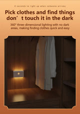 Alt Tag: Hands-Free LED Night Light in wardrobe closet providing 360° motion-activated lighting to find clothes and items in the dark
