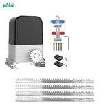 Alt Tag: Smart Sliding Gate Opener Automatic GALO kit with motor, remote controls, mounting hardware, and steel rack rails