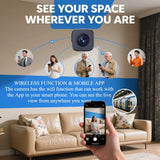 Alt Tag: 4K Mini WiFi Security camera with mobile app live view, wireless remote monitoring feature shown in living room