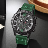 Alt Tag: men's luxury green leather strap quartz watch with black round case and textured dial for casual office wear