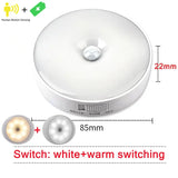 Motion Sensor LED Night Light round USB rechargeable, human motion sensing, white+warm switching, 85mm diameter, 22mm height