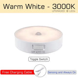 Alt Tag: Motion Sensor LED night light warm white 3000K, upgraded 8 LEDs, toggle switch OFF AUTO ON, rechargeable with charging cable