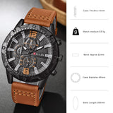 men's luxury leather strap quartz watch with black round case and brown leather band, rugged men's fashion timepiece
