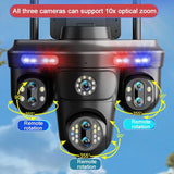 Alt Tag: WiFi Security Camera 7 Lens with 10X optical zoom, triple cameras, remote rotation 355° pan and 90° tilt for wide coverage