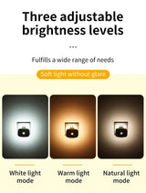 Alt Tag: Smart Glow Night Light showing three adjustable brightness levels: white, warm, and natural light modes, soft glare-free illumination