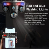 Alt Tag: WiFi Security Camera 7 Lens with red and blue flashing lights alarm, intrusion detection alerts and night security monitoring