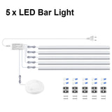 Alt Tag: Wireless Motion Sensor LED under cabinet light kit with 5 LED bar lights, power adapter, motion sensor puck, and 3M mounts