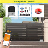 Smart Sliding Gate Opener Automatic kit with motor, remote controls, rack track, and alarm light for residential sliding driveway gate