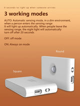 Hands-Free LED Night Light showing 3 working modes (AUTO motion sensor, OFF, ON) with square and round ABS lamp designs