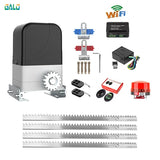 Alt Tag: Smart Sliding Gate Opener Automatic GALO WiFi sliding gate motor kit with remote controls, sensors, alarm siren, and rack gear