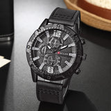 Alt Tag: men's luxury black leather strap quartz watch with round alloy case and textured dial for casual office wear