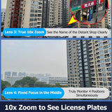 Alt Tag: WiFi Security Camera 7 Lens showing true 10x zoom and fixed focus monitoring multiple positions for clear distant details