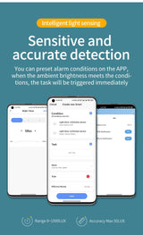 ZigBee 3.0 Smart door and window sensor app screen showing light sensing, sensitive accurate detection, and brightness-triggered alarm settings