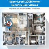 ZigBee Door & Window Sensor smart wireless home security door alarm 120dB, floor plan showing door sensor placement