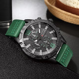 Alt Tag: men's luxury green leather strap quartz watch with black round alloy case and multi-dial face