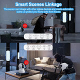 Alt Tag: ZigBee Door & Window Sensor smart home security automation linking sensor with cameras and alarms in living room scene