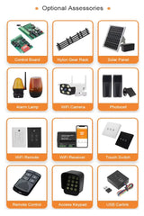 Alt Tag: Smart Sliding Gate Opener Automatic optional accessories control board nylon gear rack solar panel alarm lamp WiFi camera photocell remote