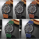 Alt Tag: men's luxury leather strap quartz watch with round alloy case, scratch-resistant dial, multiple strap color options