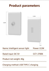 Alt Tag: Hands-Free LED Night Light smart glow night lamp product parameters size and USB Type-C charging, 0.2W 2700K sensor light