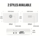Wireless Motion Sensor LED night light two styles available with motion sensor, compact dimensions, and USB charging port view