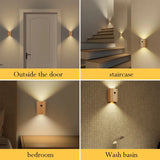 Alt Tag: Rechargeable Motion Sensor LED wall night light with wood body, warm glow for door, staircase, bedroom, and wash basin