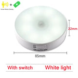 Alt Tag: Motion Sensor LED Night Light round USB rechargeable white light with on auto off switch, 85mm diameter 22mm height