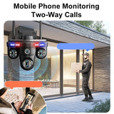 WiFi Security Camera 7 Lens showing outdoor home monitoring with two-way calls, night vision, and multi-lens wide-angle coverage